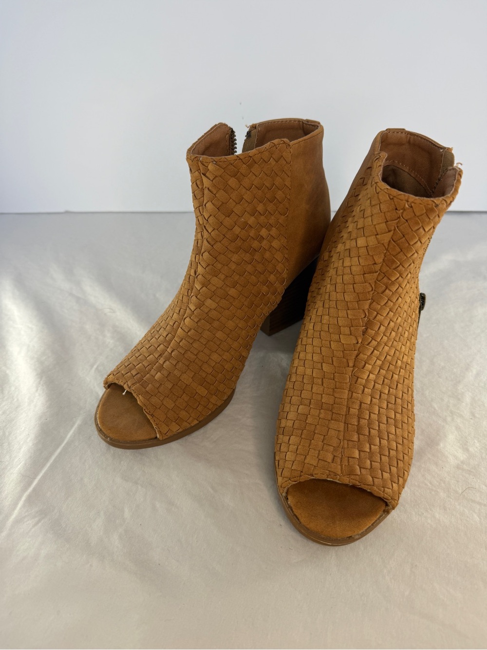 Qupid Woven Open-Toe Ankle Booties in Tan